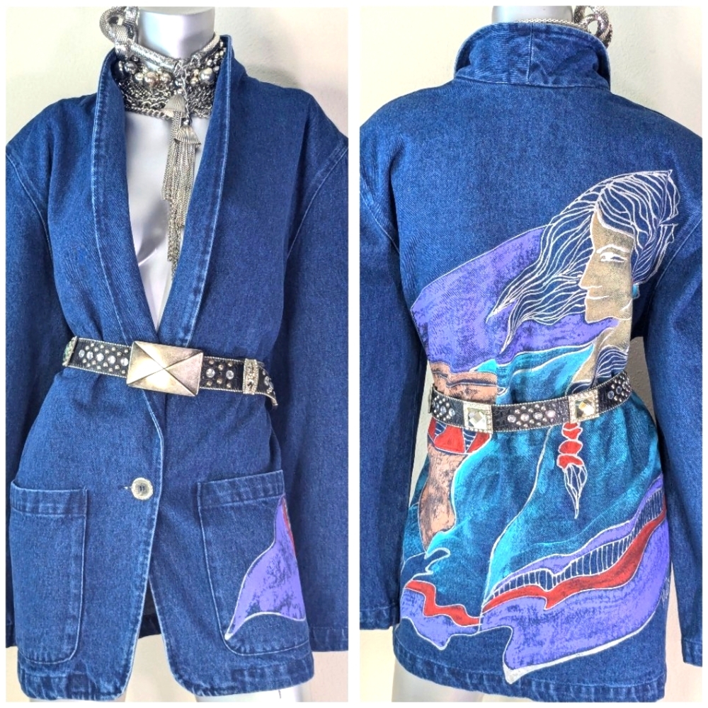 Bohemian Aztec "Art to Wear" Hand Painted Southwestern Vintage Denim Jean Jacket
